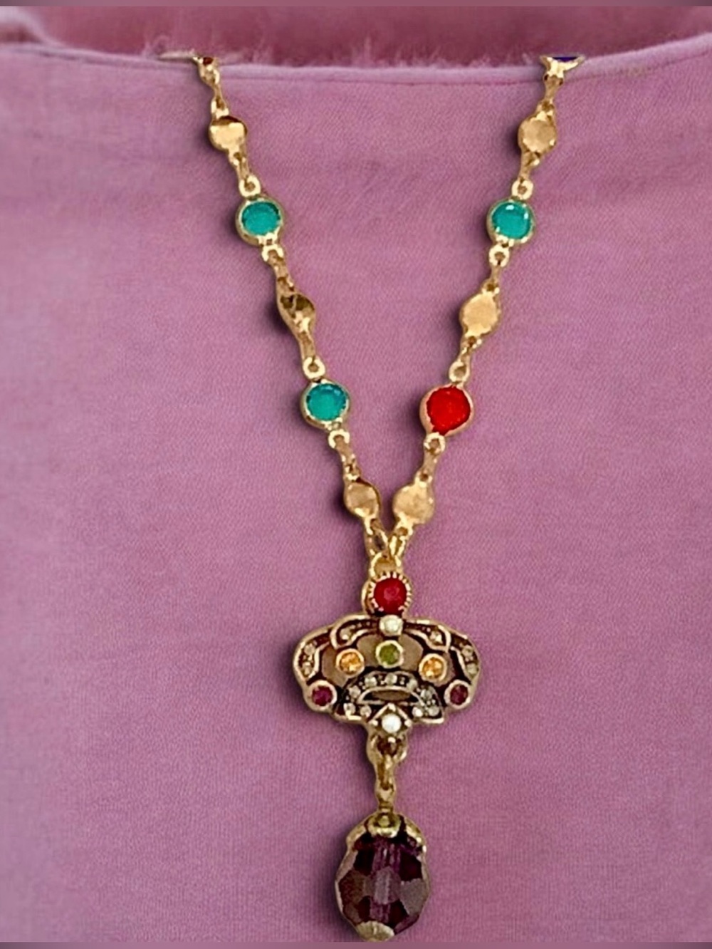 Heidi Daus Inspired Gold-Tone Multicolor Crystal Necklace With Teardrop Pendant - Picture 2 of 7